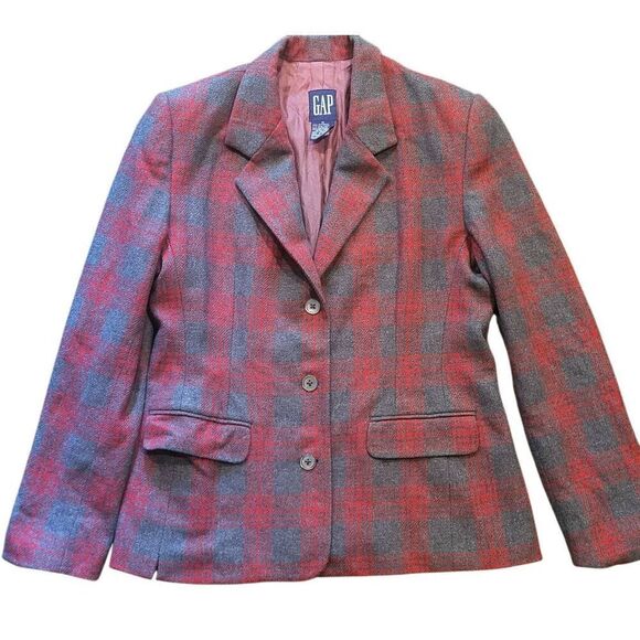 Vintage Y2K GAP Blazer Women's Medium Grey Red Plaid Wool Blend Jacket - Picture 1 of 6